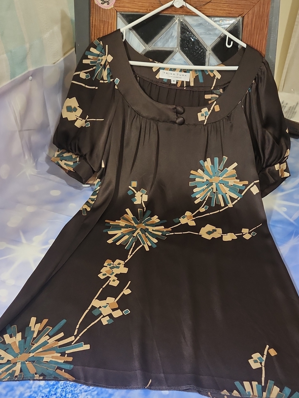Trina Turk 100% Silk Deep Brow  Mini Dress with Teal & Gold Floral Print